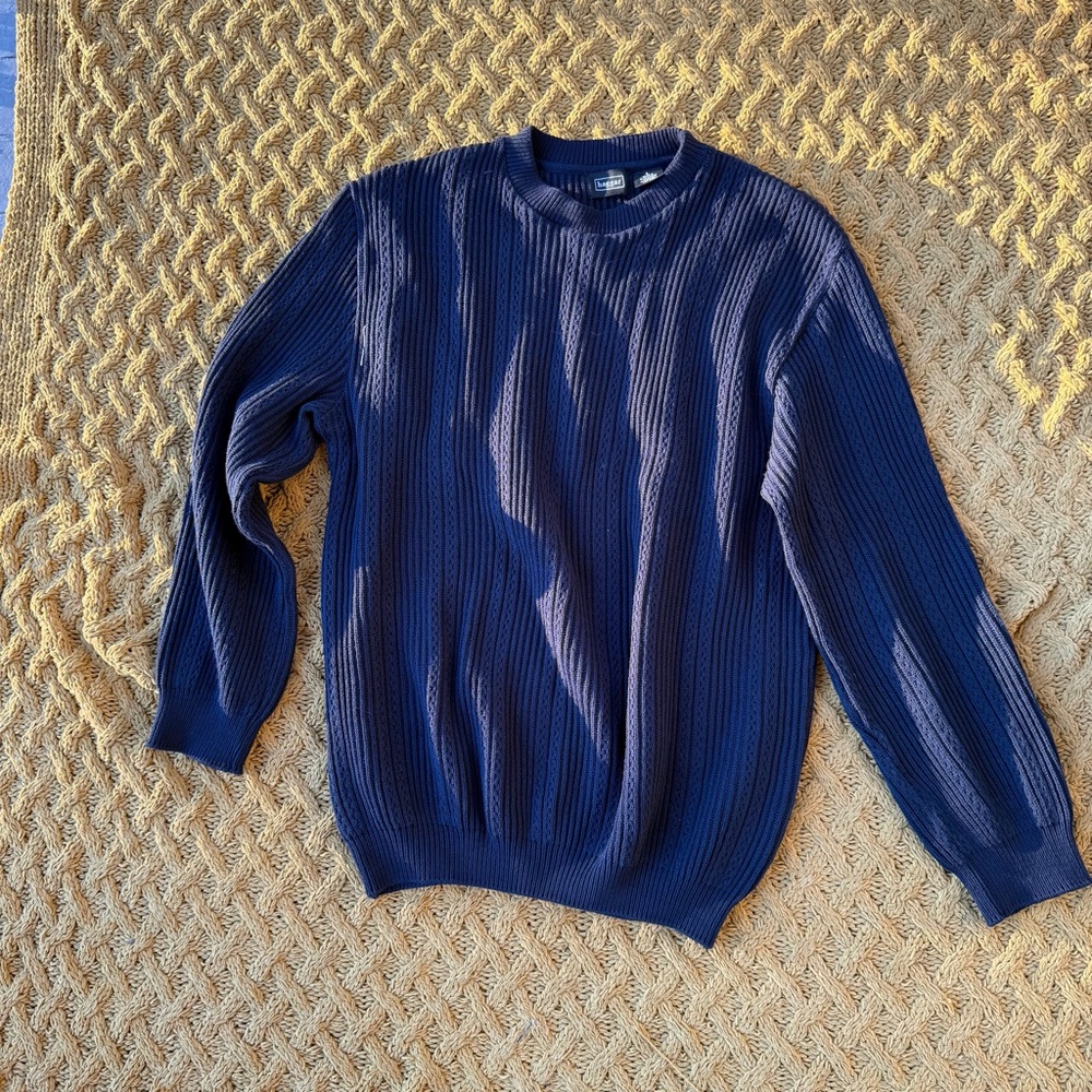 HAGGAR Men's L Long Sleeve Cable Knit Sweater Fisherman Cottage Core Navy Cotton